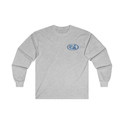 Kimo's Surf Hut men's ultra cotton long sleeve T with blue & grey logo