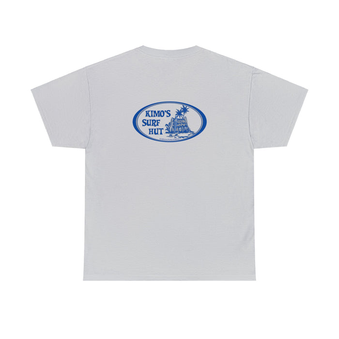 Kimo's Surf Hut men's white heavy cotton short sleeve T-shirt with blue and grey logo