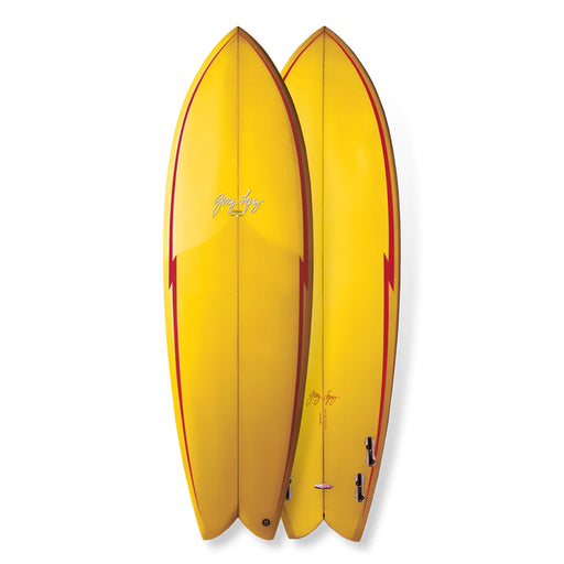 Gerry Lopez Something Fishy Fish style surfboard, yellow with red lightning bolt on each rail