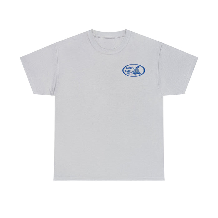 Kimo's Surf Hut men's white cotton short sleeve T-shirt with blue and grey logo