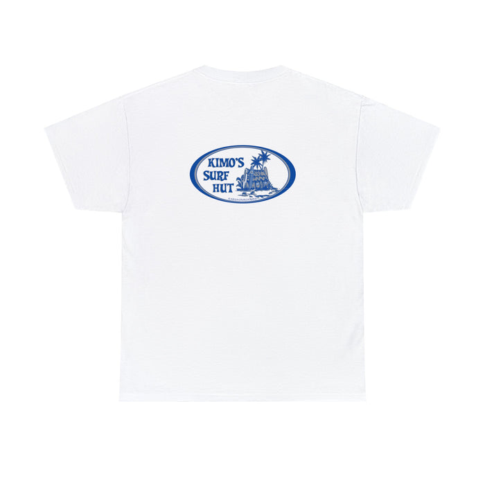 Kimo's Surf Hut men's white cotton short sleeve T-shirt with blue and grey logo