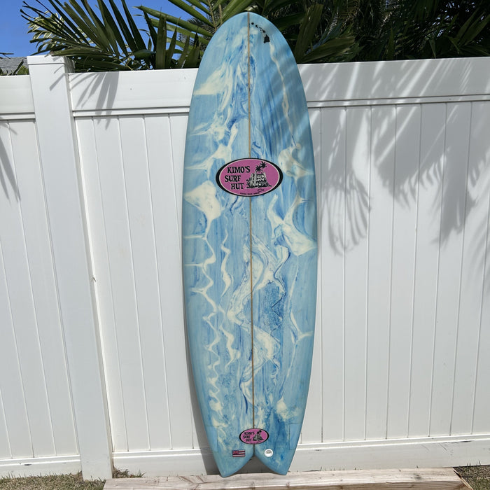 5' 10" Blue acid wash five fin Kimo's Surf Hut designed Fish