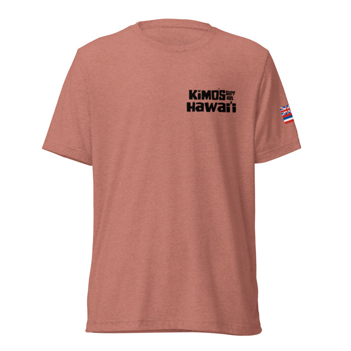 Kimo's Surf Hut Hawai'i with Flag on sleeve short sleeve t-shirt