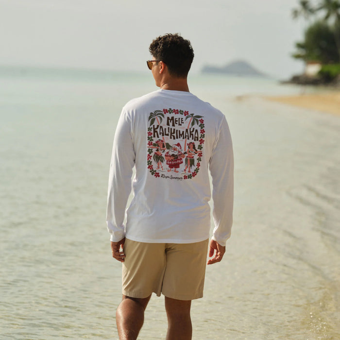 Reyn Spooner Santa Hula Graphic Tee Long Sleeve 100% Cotton Made in USA crewneck White shirt back view at Beach