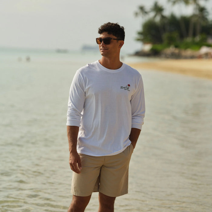 Reyn Spooner Santa Hula Graphic Tee Long Sleeve 100% Cotton Made in USA crewneck White shirt front view at Beach