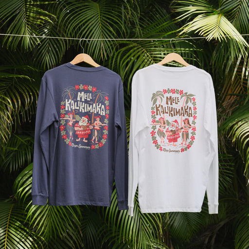 2 Reyn Spooner Santa Hula Graphic Tee Long Sleeve 100% Cotton Made in USA crewneck Navy and White shirts
