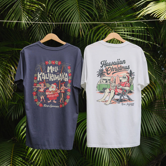 2 Reyn Spooner Santa Hula Graphic Tee Short Sleeve 100% Cotton Made in USA crewneck Navy and White shirts