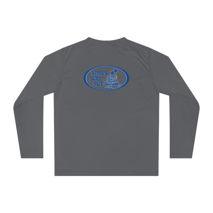 Kimo's Surf Hut Men's Athletic Fit Performance long sleeve shirt with blue and grey logo