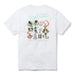 A white short-sleeve t-shirt with a detailed multicolor graphic print on the back, featuring the Hawaiian version of the 12 Days of Christmas.