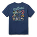 A navy blue short-sleeve t-shirt with a detailed multicolor graphic print on the back, featuring the Hawaiian version of the 12 Days of Christmas.