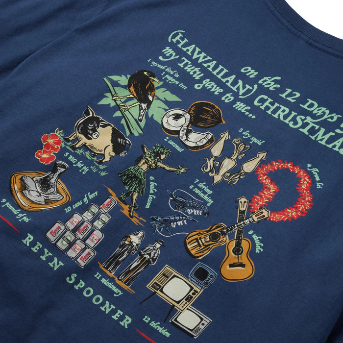12 Days Hawaiian Christmas: Myna Bird, Coconuts, Squids, Lei, Pigs, Hula, Shrimps, Ukuleles, Pounds of Poi, Cans of Beer, Missionaries & TVs on Navy blue.