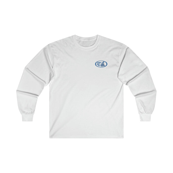 Kimo's Surf Hut Long Sleeve T in Blue & GREY logo front and back