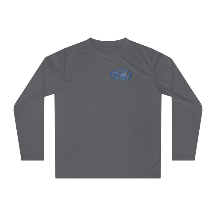 Kimo's Surf Hut Men's Athletic Fit Performance long sleeve shirt with blue and grey logo