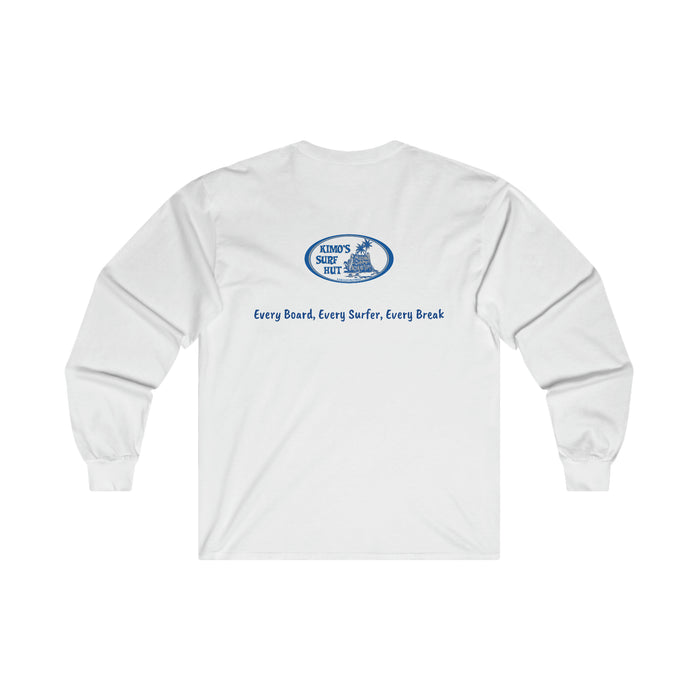 Kimo's Surf Hut Long Sleeve T in Blue & GREY logo front and back