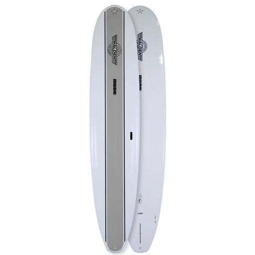 10' 0" Walden epoxy surfboard with a grey stripe top and bottom views FCSII side fin boxes and center fin long box
