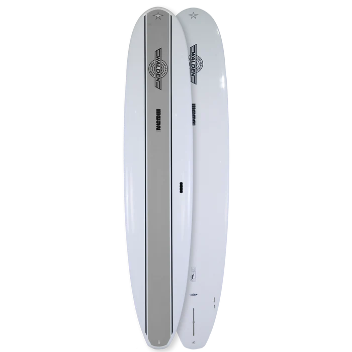 10' 0" Walden epoxy surfboard with a grey stripe top and bottom views FCSII side fin boxes and center fin long box