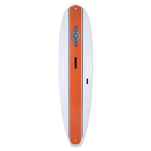 A white and orange 8' Walden surfboard displayed from the top view, showing the logo and the deck design.