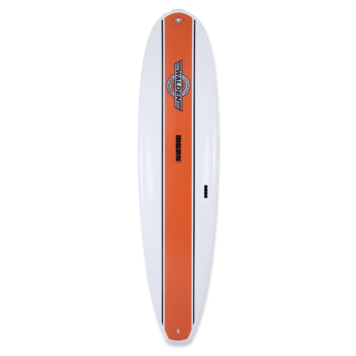A white and orange 8' Walden surfboard displayed from the top view, showing the logo and the deck design.