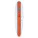 A white and orange 8' Walden surfboard displayed from the top view, showing the logo and the deck design.