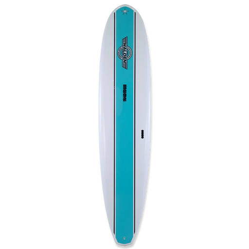 A blue and white Mega Magic model epoxy surfboard from Walden Surfboards, viewed from the top and side angles.