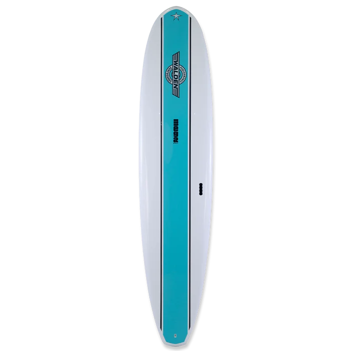 A blue and white Mega Magic model epoxy surfboard from Walden Surfboards, viewed from the top and side angles.