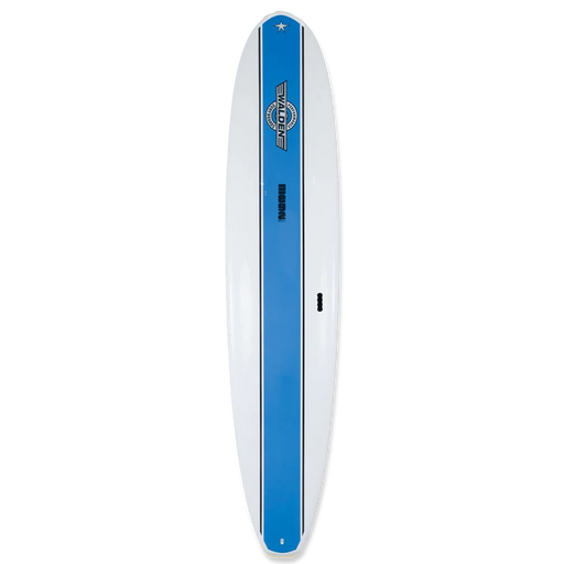 9' 6" Walden epoxy surfboard top and bottom view FCSII side fin boxes and center fin long box