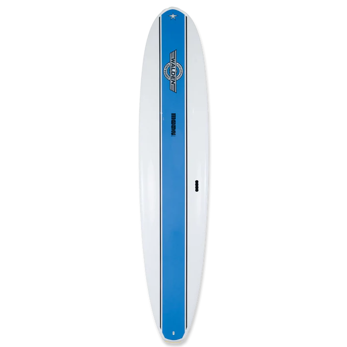 9' 6" Walden epoxy surfboard top and bottom view FCSII side fin boxes and center fin long box