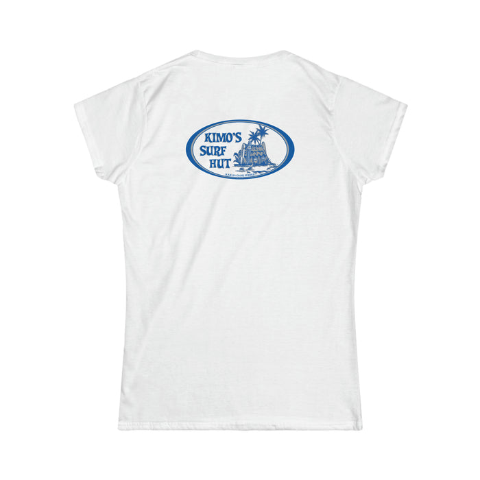 Kimo's Surf Hut Women's white soft short sleeve T-shirt with blue and grey logo