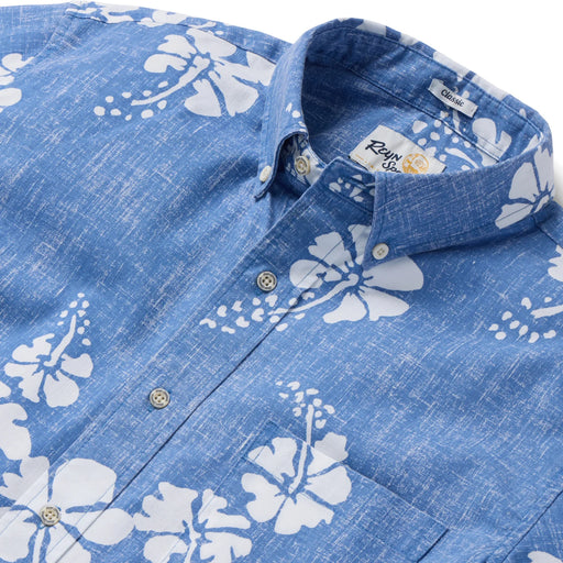 Hawai'i 50th State Flower aloha  button up collared short sleeve denim shirt color with white hibiscus flowers