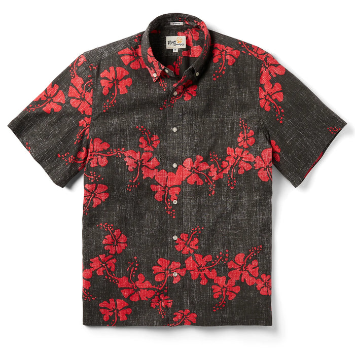 Hawai'i 50th State Flower Classic Black aloha  button up collared short sleeve