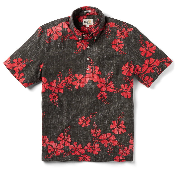 Hawai'i 50th State Flower Pullover Black aloha  button up collared short sleeve