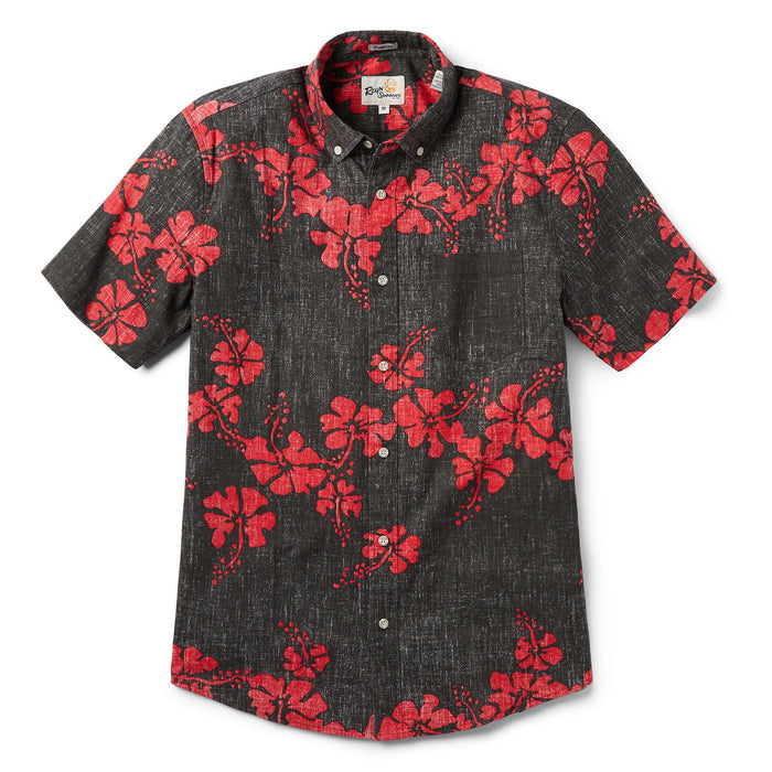 Hawai'i 50th State Flower Tailored Black aloha  button up collared short sleeve
