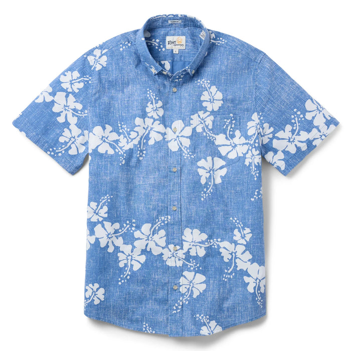 Hawai'i 50th State Flower Tailored Denim aloha  button up collared short sleeve