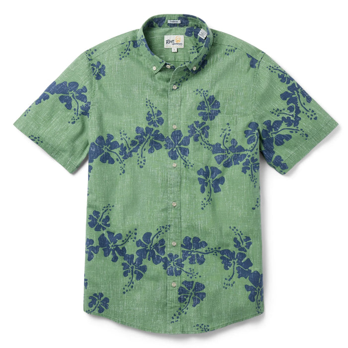 Hawai'i 50th State Flower Tailored Jade aloha  button up collared short sleeve shirt