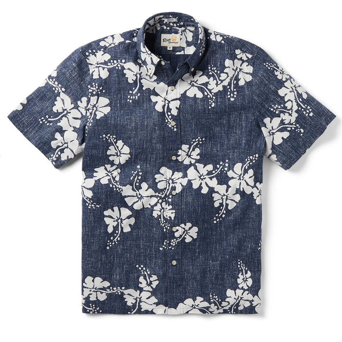 Hawai'i 50th State Flower Classic Navy aloha  button up collared short sleeve shirt