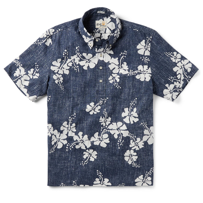 Hawai'i 50th State Flower Pullover Navy aloha  button up collared short sleeve shirt