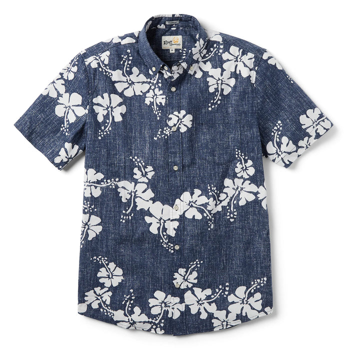 Hawai'i 50th State Flower Tailored Navy aloha  button up collared short sleeve shirt