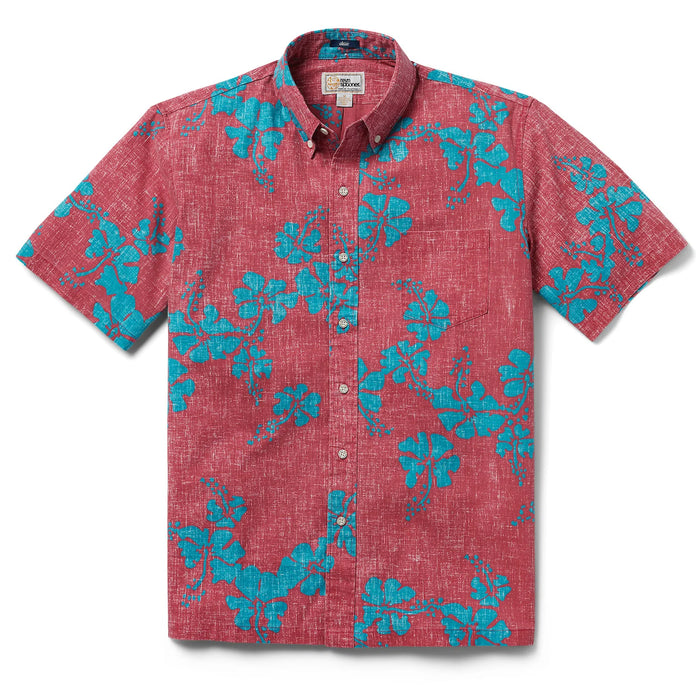 Hawai'i 50th State Flower Classic Red aloha  button up collared short sleeve shirt