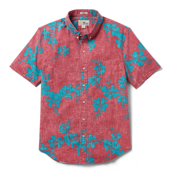 Hawai'i 50th State Flower Tailored Red aloha  button up collared short sleeve shirt