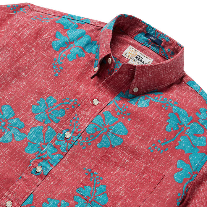 Hawai'i 50th State Flower Red aloha  button up collared short sleeve shirt with blue hibuscus flowers zoom in