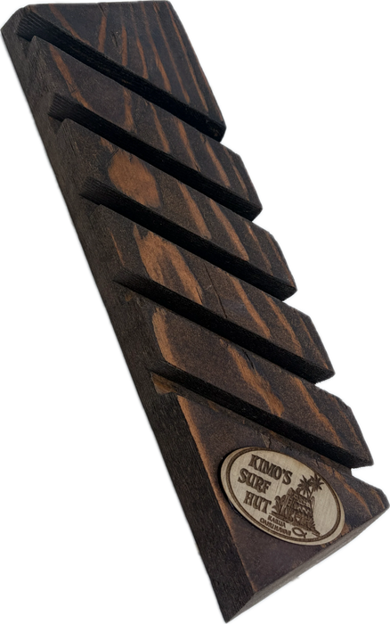 stained redwood 5 slot surfboard fin display rack without fins