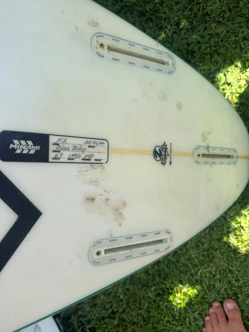 Step Up Made In Hawaii Surfboard dims 6' 9" x 18 3/4" x 2 3/8" PU Round Tail Futures Thruster bottom view