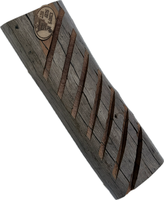 clear coated curved ohia wood 7 surfboard fin slot display without fins