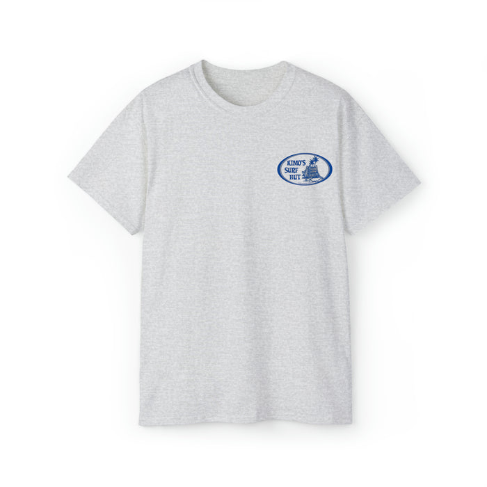 Kimo's Surf Hut men's white soft short sleeve T-shirt with blue and grey logo