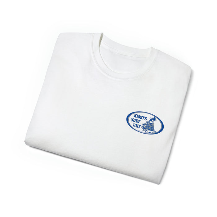 Kimo's Surf Hut men's white soft short sleeve T-shirt with blue and grey logo