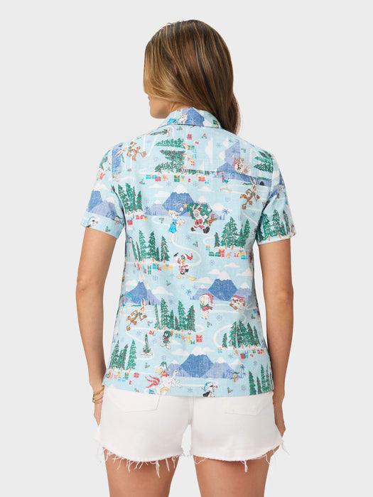 Women's Looney Tunes Abby Top back view with Daffy Duck, Bugs Bunny, Sylvester, Porky Pig, Road Runner, and Wile E. Coyote dash through a playful winter wonderland.