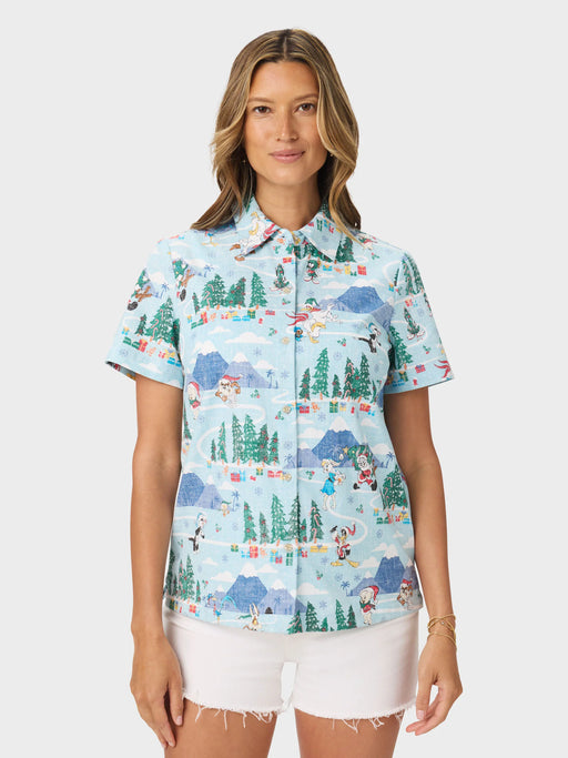 Women's Looney Tunes Abby Top front view buttoned up with Daffy Duck, Bugs Bunny, Sylvester, Porky Pig, Road Runner, and Wile E. Coyote dash through a playful winter wonderland.