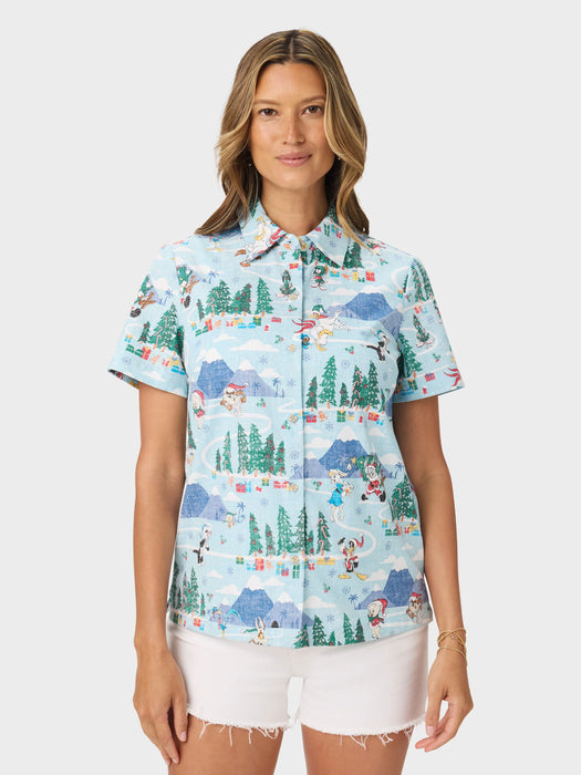 Women's Looney Tunes Abby Top front view buttoned up with Daffy Duck, Bugs Bunny, Sylvester, Porky Pig, Road Runner, and Wile E. Coyote dash through a playful winter wonderland.