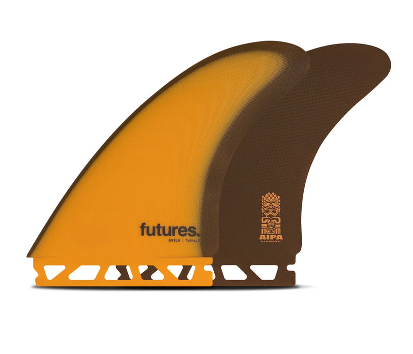 Akila Fiberglass Twin in mango and bark. They say they are orange and brown, all fiberglass, Futures fins base.