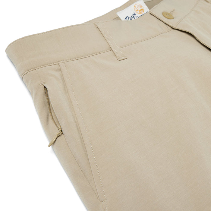 Reyn Spooner Aloha 'Aina 4 Way Stretch Khaki color button front Shorts zoom in on pocket and hidden zipper pocket.
